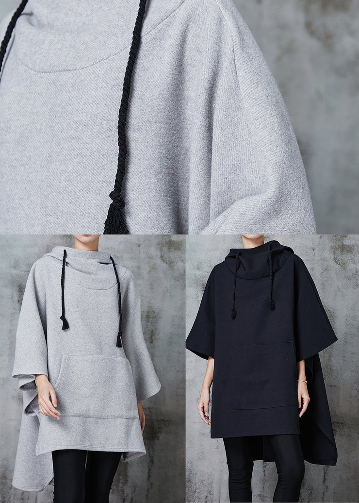 Modern Black Hooded Drawstring Cotton Loose Sweatshirts Dress Spring