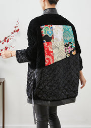 Modern Black Lace Up Patchwork Silk Velour Cotton Filled Coat Winter