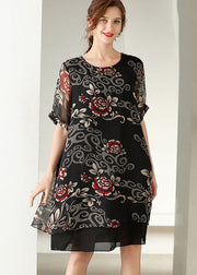 Modern Black O Neck Print Patchwork Silk Dress Summer