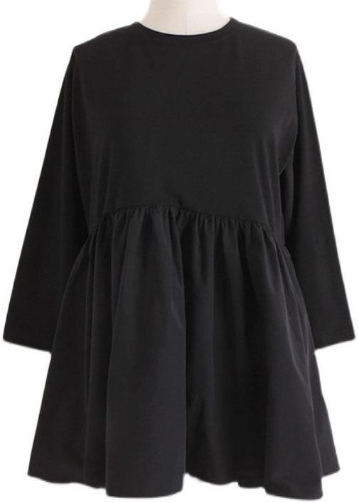 Modern Black O-Neck Ruffled Patchwork Cotton T Shirt Top Spring