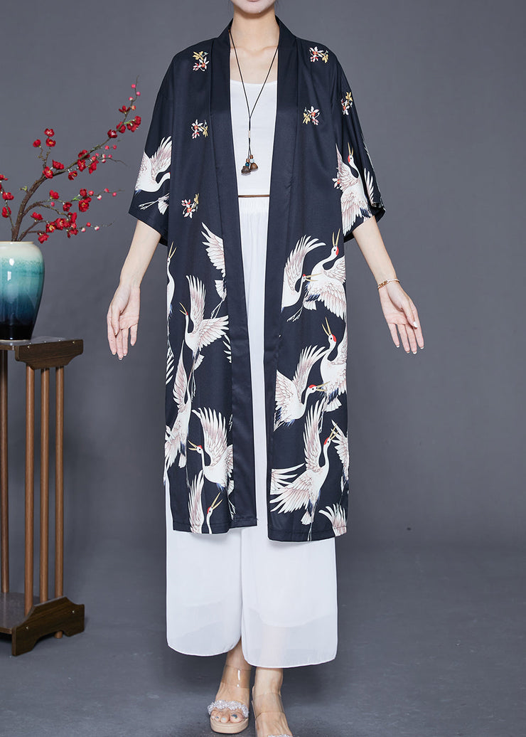 Modern Black Oversized Crane Print Linen Long Cardigans Half Sleeve