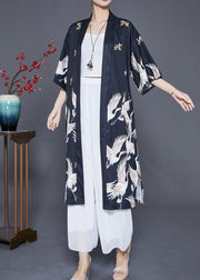 Modern Black Oversized Crane Print Linen Long Cardigans Half Sleeve