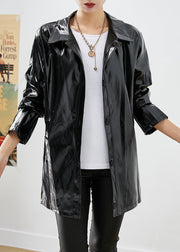 Modern Black Oversized Letter Print Faux Leather Coats Fall