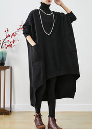 Modern Black Oversized Low High Design Knit Sweater Dress Batwing Sleeve