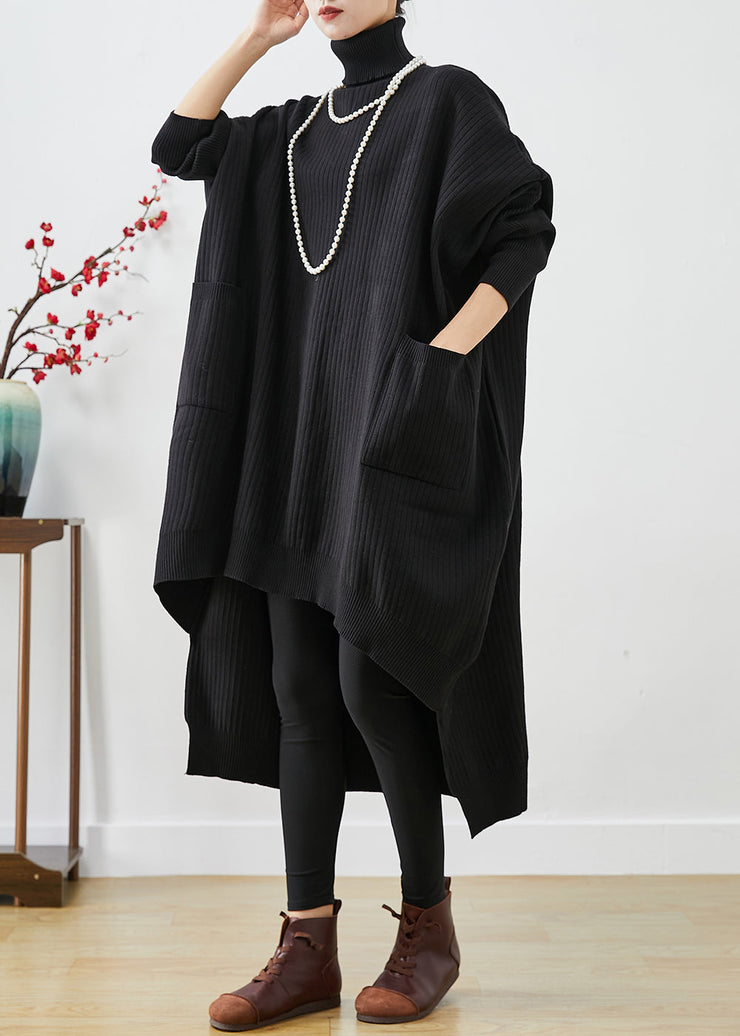 Modern Black Oversized Low High Design Knit Sweater Dress Batwing Sleeve