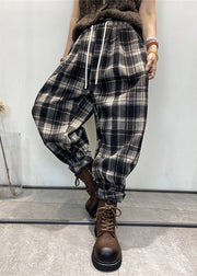 Modern Black Oversized Plaid Warm Fleece Pants Winter