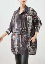 Modern Black Oversized Print Gemstone Spandex Long Blouse Tops Fall