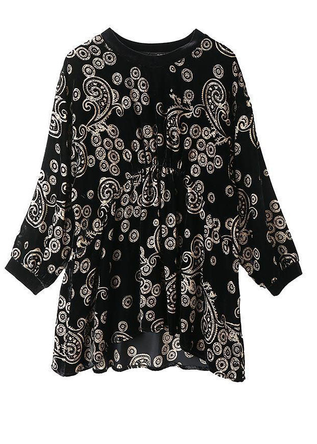 Modern Black Oversized Print Silk Velour Shirt Top Spring