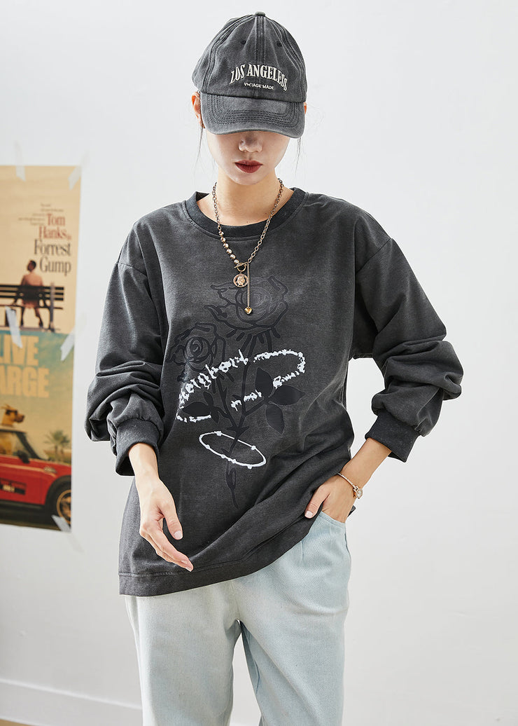 Modern Black Oversized Rose Print Cotton Sweatshirts Top Fall