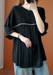 Modern Black Patchwork Button Chiffon T Shirt Summer