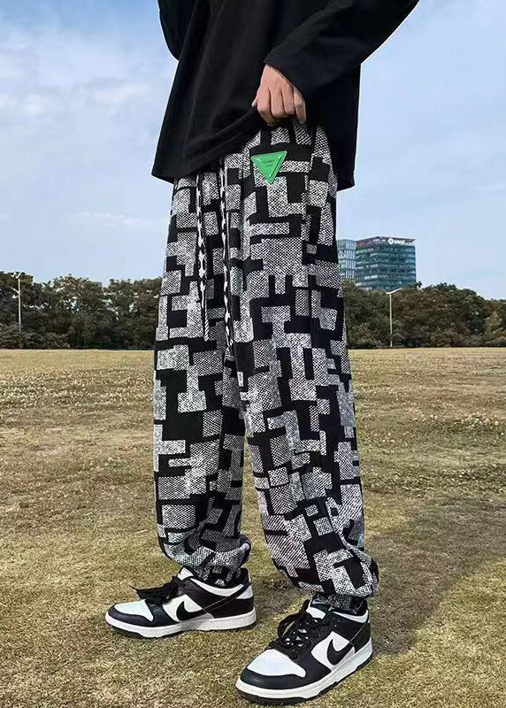 Modern Black Plaid Elastic Waist Cotton Mens Pants Fall