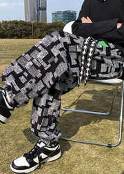 Modern Black Plaid Elastic Waist Cotton Mens Pants Fall