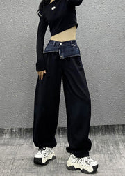 Modern Black Pockets Patchwork Denim Straight Pants Fall