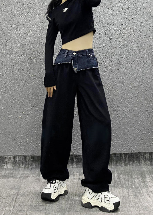 Modern Black Pockets Patchwork Denim Straight Pants Fall