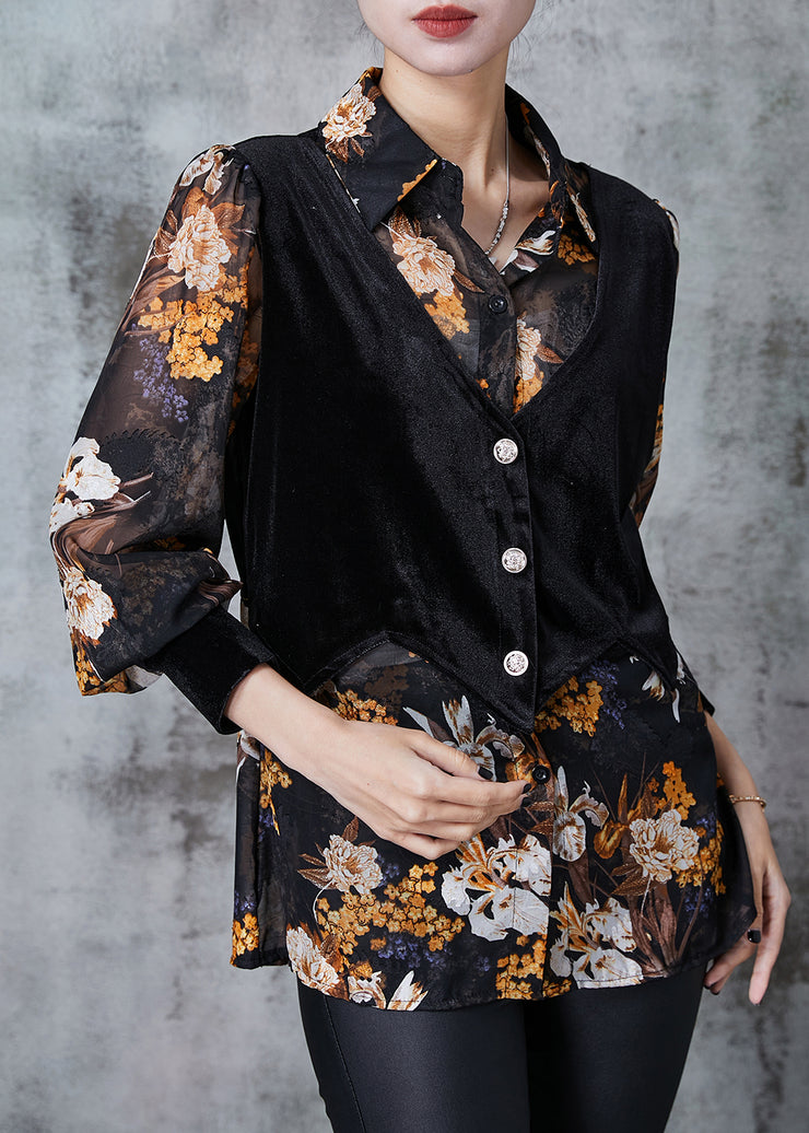 Modern Black Print Patchwork Chiffon Fake Two Piece Shirt Spring