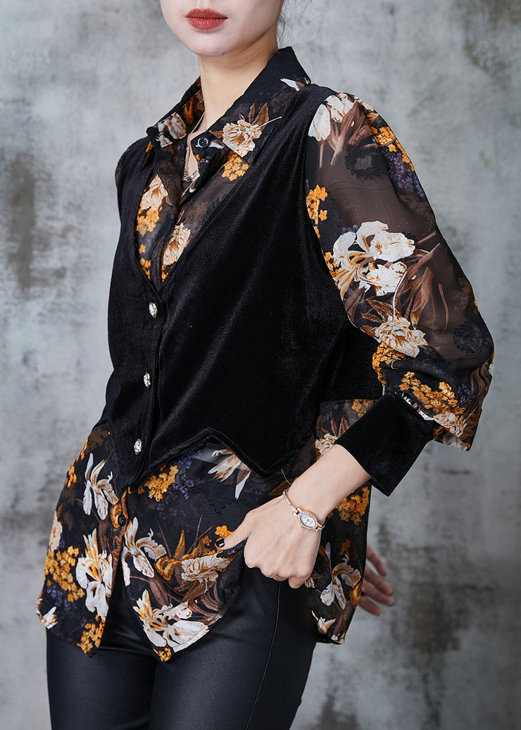 Modern Black Print Patchwork Chiffon Fake Two Piece Shirt Spring