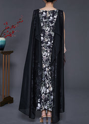 Modern Black Print Patchwork Shawl Chiffon Long Dress Sleeveless