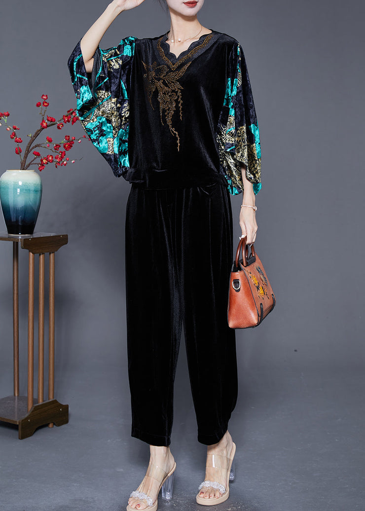 Modern Black Print Zircon Silk Velour Two Pieces Set Batwing Sleeve