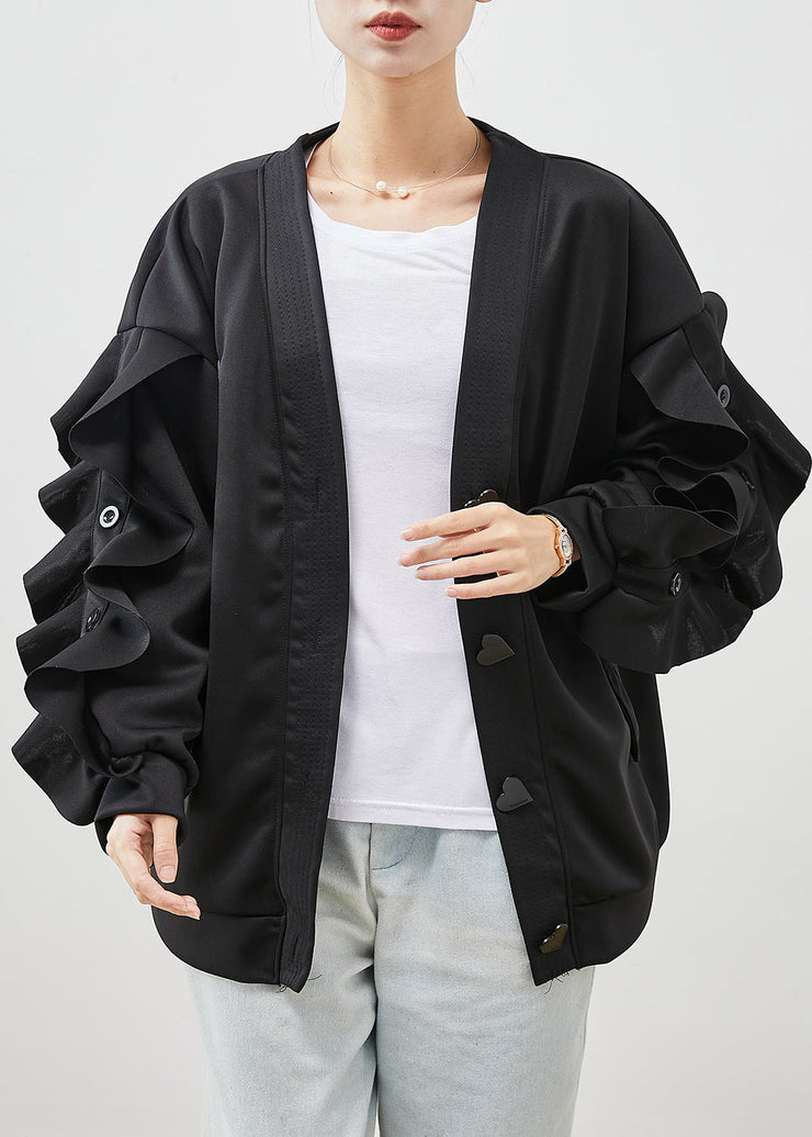 Modern Black Ruffled Patchwork Cotton Jackets Spring