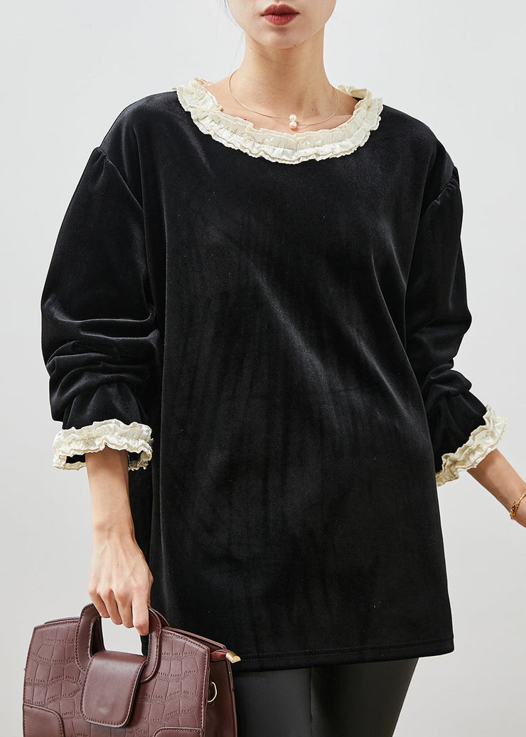 Modern Black Ruffled Patchwork Silk Velvet Loose Tops Spring