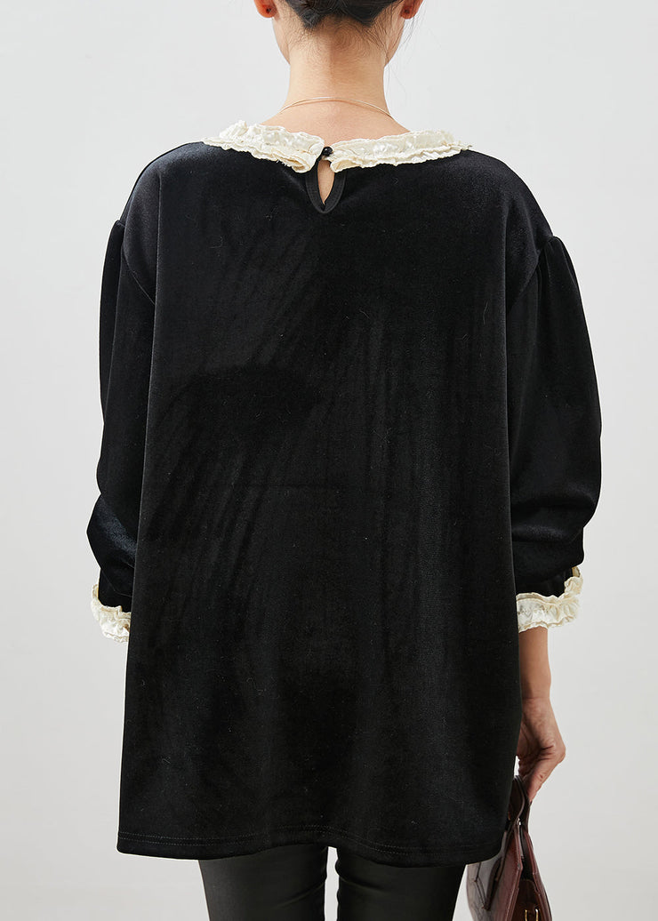 Modern Black Ruffled Patchwork Silk Velvet Loose Tops Spring