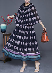 Modern Black Ruffled Print Fake Two Piece Chiffon Holiday Dress Cloak Sleeves