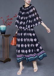 Modern Black Ruffled Print Fake Two Piece Chiffon Holiday Dress Cloak Sleeves