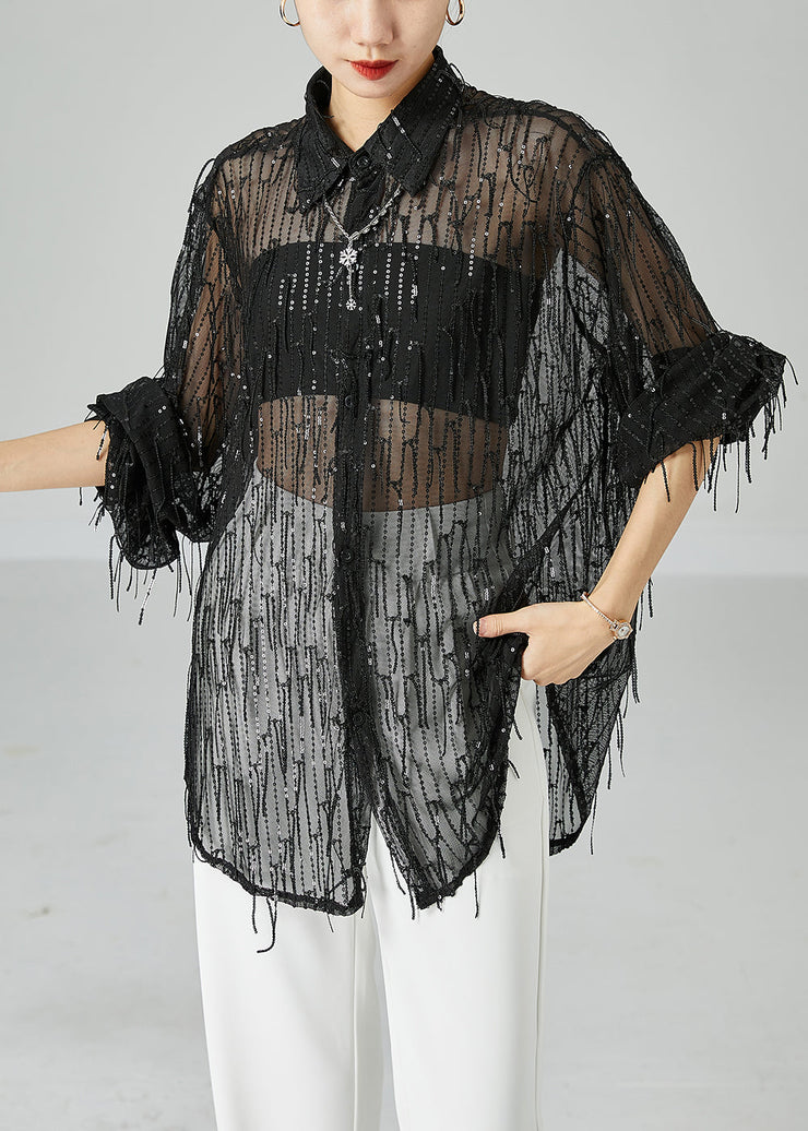 Modern Black Sequins Tassel Hollow Out Tulle Shirt Top Summer