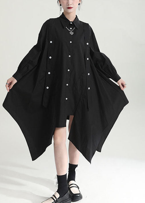 Modern Black Solid Color Asymmetrical Design Cotton Long Shirt Tops Fall