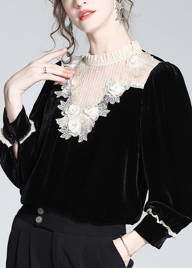 Modern Black Stand Collar Lace Patchwork Silk Velour Tops Spring