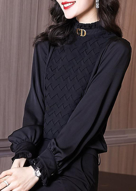 Modern Black Stand Collar Ruffled Warm Fleece Chiffon Shirts Long Sleeve