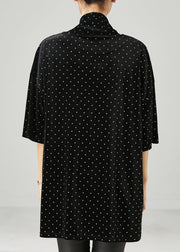 Modern Black Turtle Neck Dot Silk Velour Mid Dress Half Sleeve