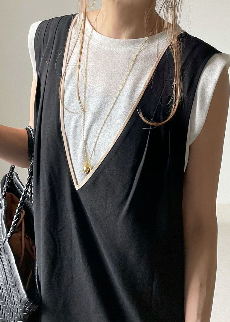 Modern Black V Neck Cross Side Open Cotton A Line Dress Sleeveless