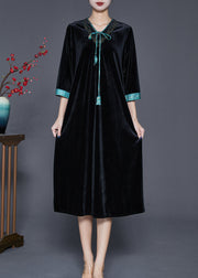 Modern Black V Neck Neck Tie Silk Velour Dress Half Sleeve