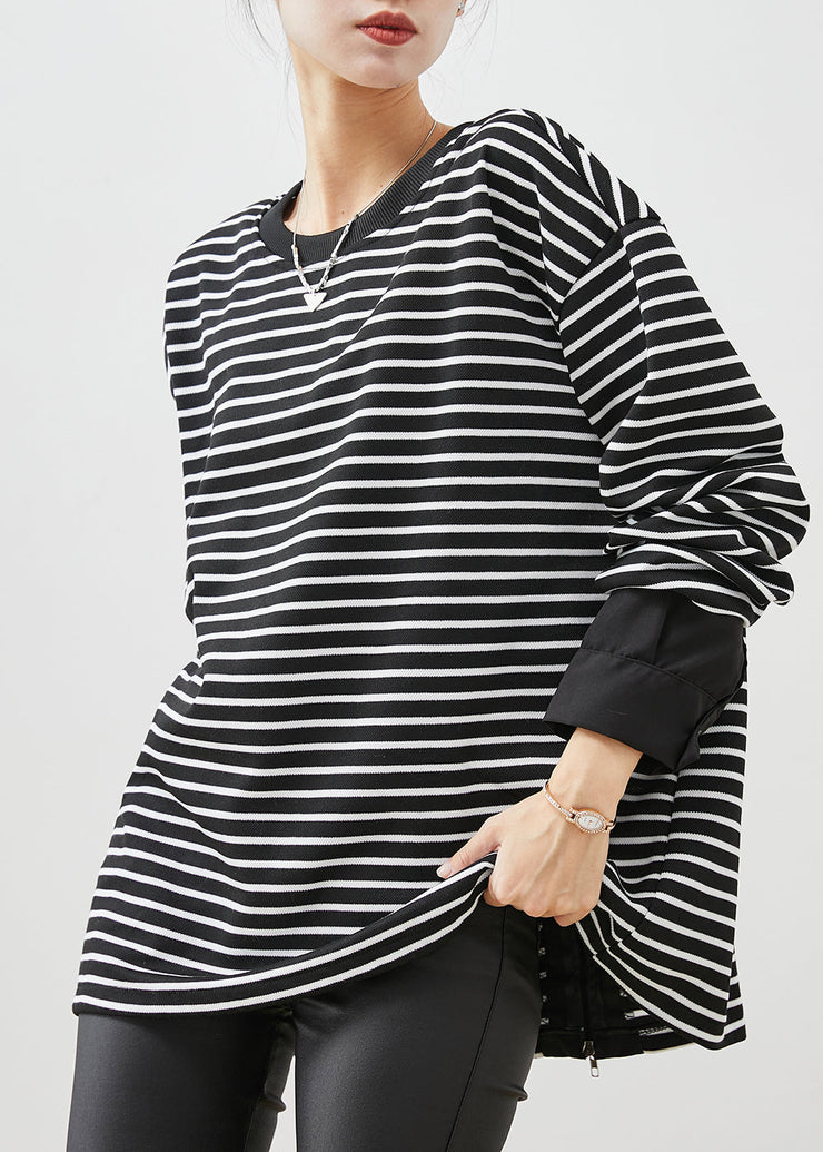 Modern Black Zip Up Striped Cotton Sweatshirts Top Spring