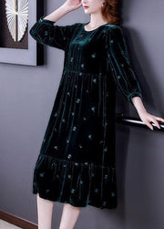 Modern Blackish Green Embroideried Patchwork Wrinkled Silk Velour Long Dress Spring