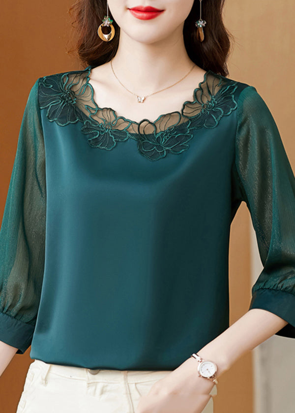 Modern Blackish Green Oversized Patchwork Lace Silk Top Bracelet Sleeve