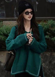 Modern Blackish Green V Neck Side Open Knitted Tops Spring