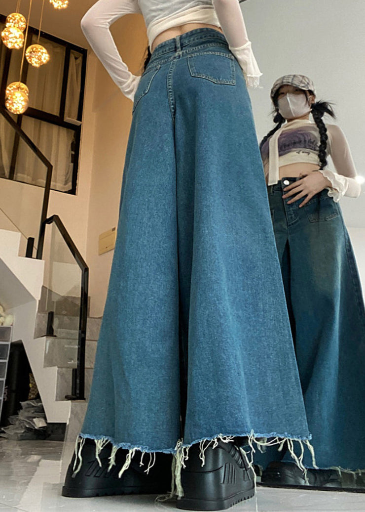 Modern Blue Button Pockets High Waist Denim Pants Fall