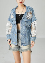 Modern Blue Lace Tulle Patchwork Denim Coats Summer