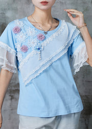 Modern Blue Floral Patchwork Lace Cotton Tank Flare Sleeve