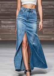 Modern Blue Front Open High Waist Denim Maxi Skirts Summer