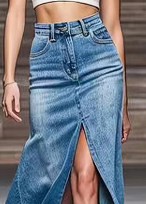 Modern Blue Front Open High Waist Denim Maxi Skirts Summer