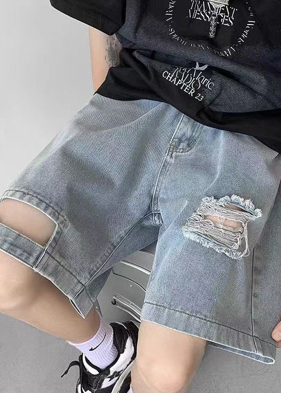 Modern Blue Hole Pockets High Waist Denim Men Shorts Summer