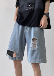 Modern Blue Hole Pockets High Waist Denim Men Shorts Summer