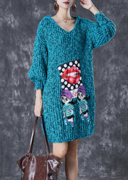 Modern Blue Hooded Character Applique Knit Sweater Dress Fall