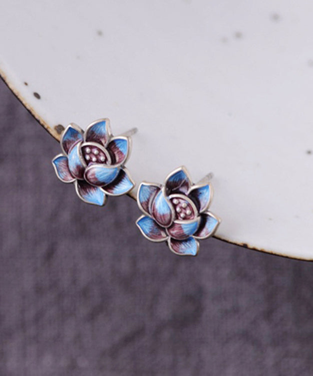 Modern Blue Lotus Sterling Silver Cloisonne Stud Earrings