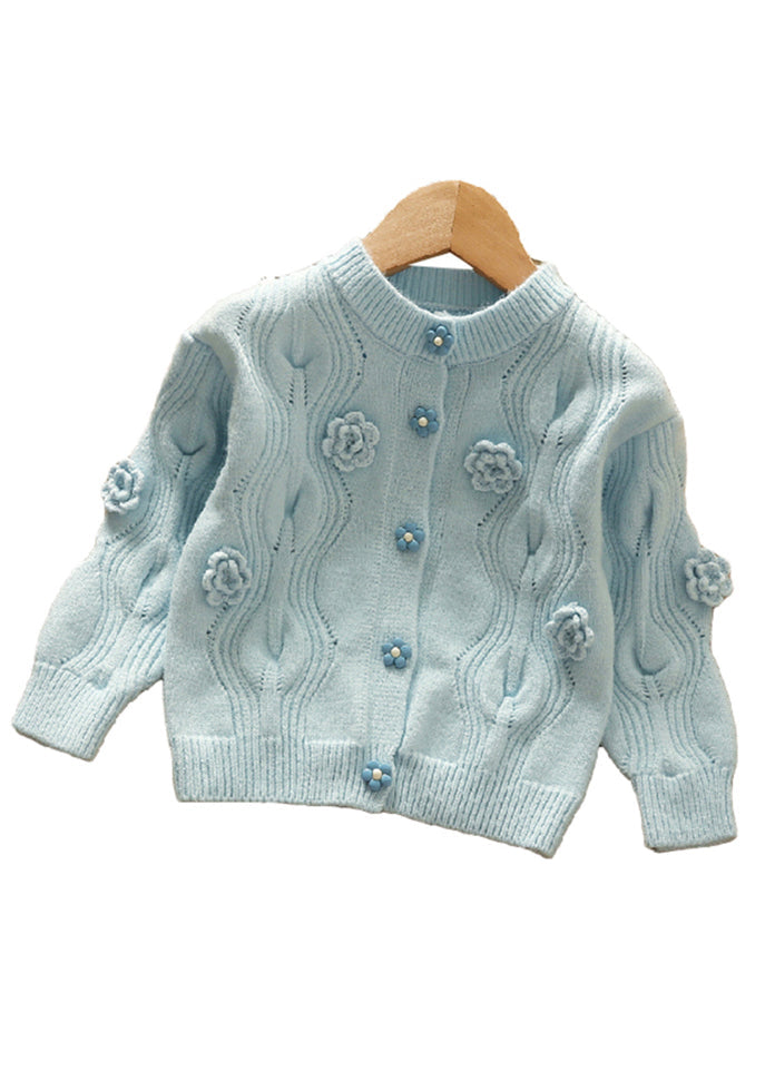 Modern Blue O-Neck Button Patchwork Knit Girls Cardigan Fall