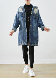 Modern Blue Oversized Denim Ripped Coat Outwear Fall