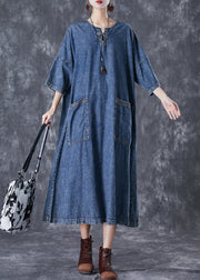 Modern Blue Oversized Pockets Chinese Button Denim Dresses Summer